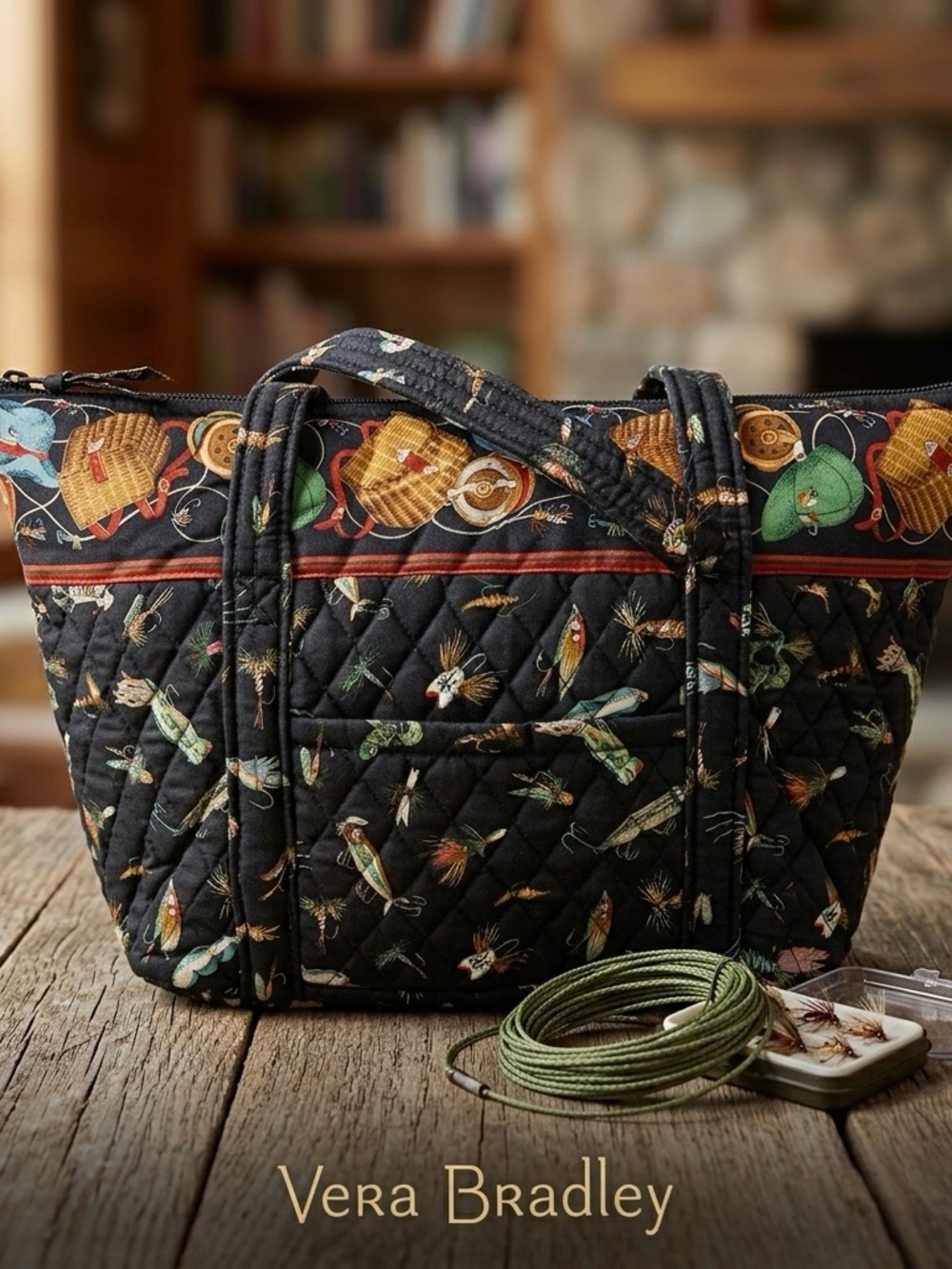 VTG Vera Bradley Lures Fly Fishing Quilted Tote Bag Rare 90s Pristine